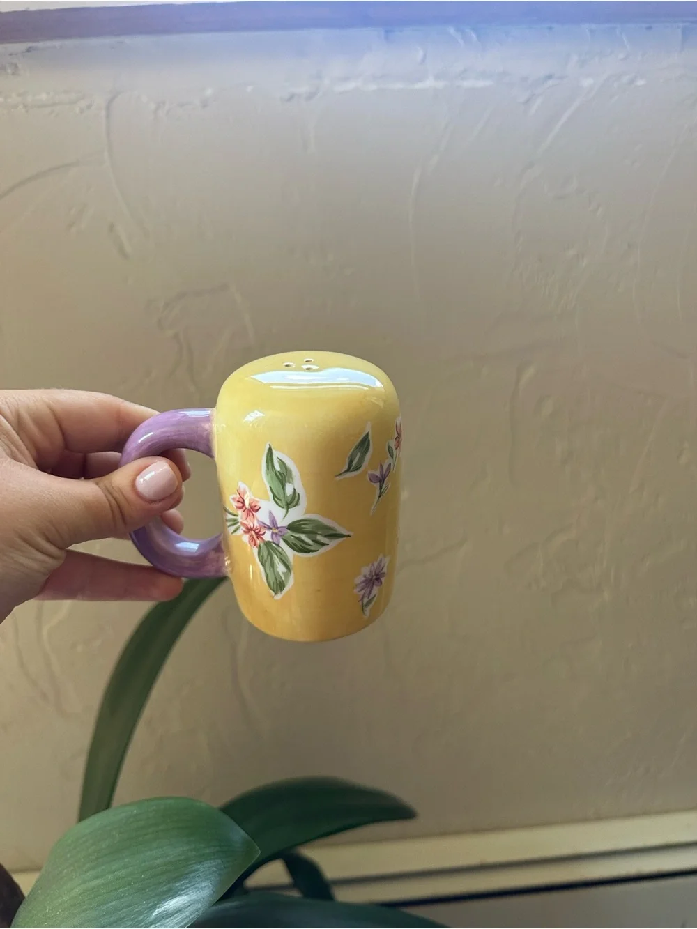 Waverly Yellow Floral Ceramic Mugs with Purple Handles - Pair